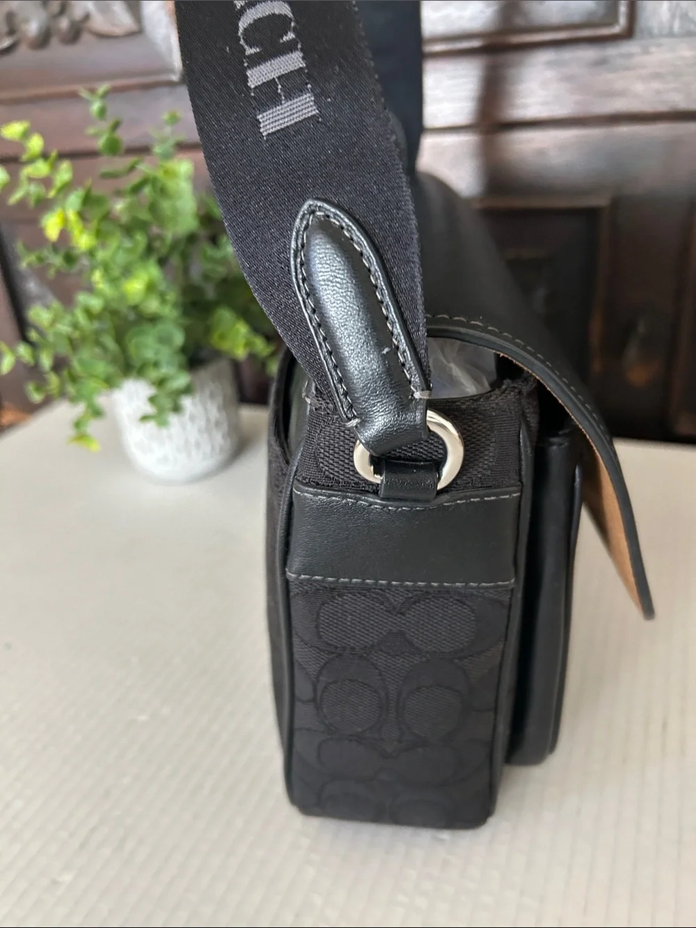Coach Black Signature Messenger Bag with Branded Strap